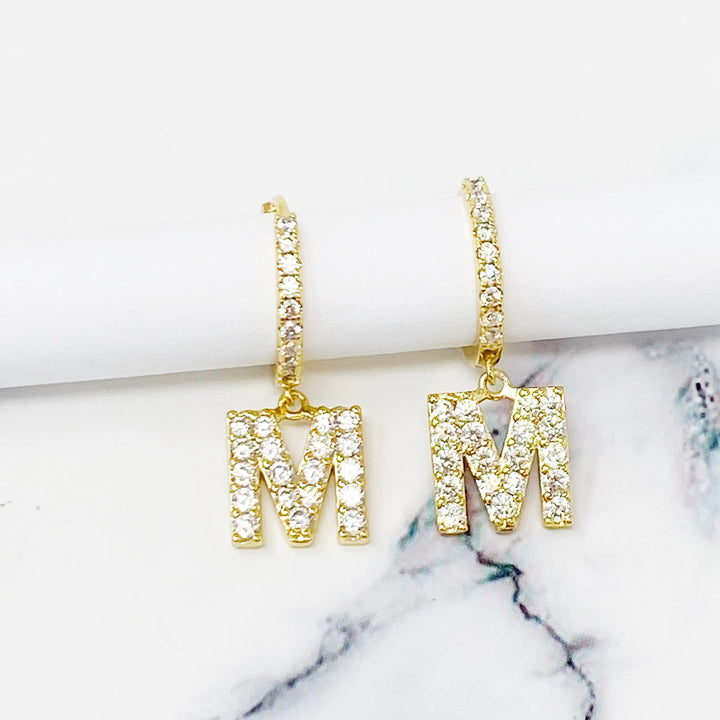 Glittering Letter Charm Hoop Earrings
