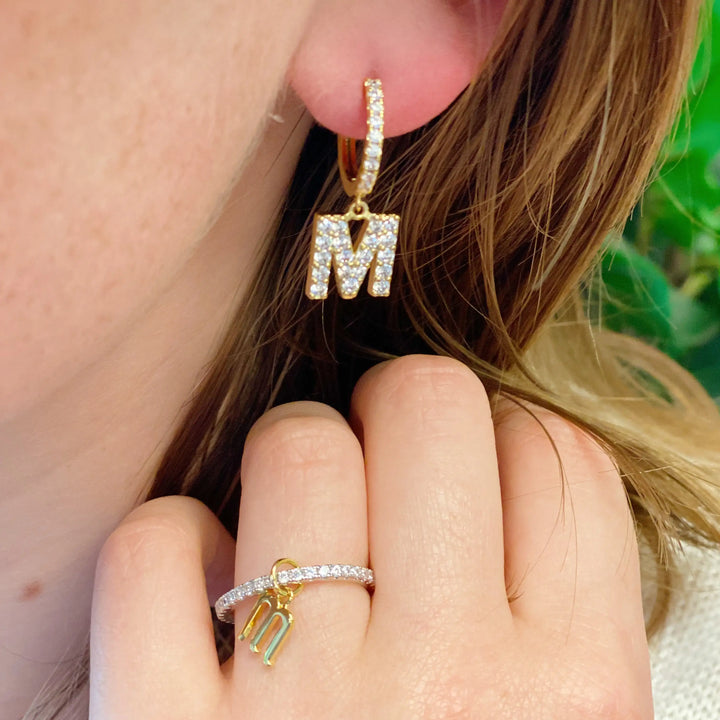 Glittering Letter Charm Hoop Earrings