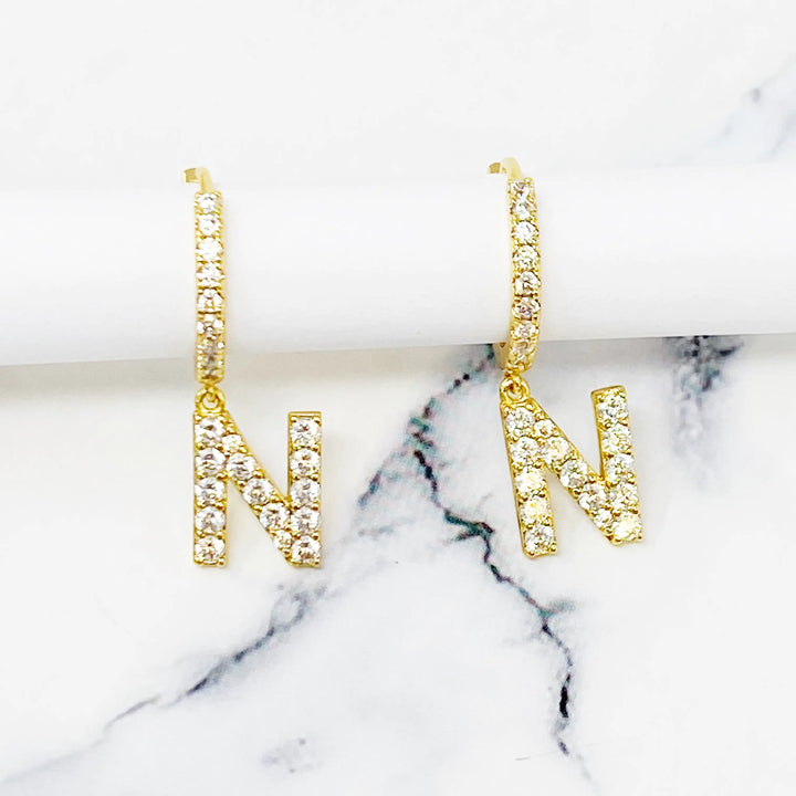 Glittering Letter Charm Hoop Earrings