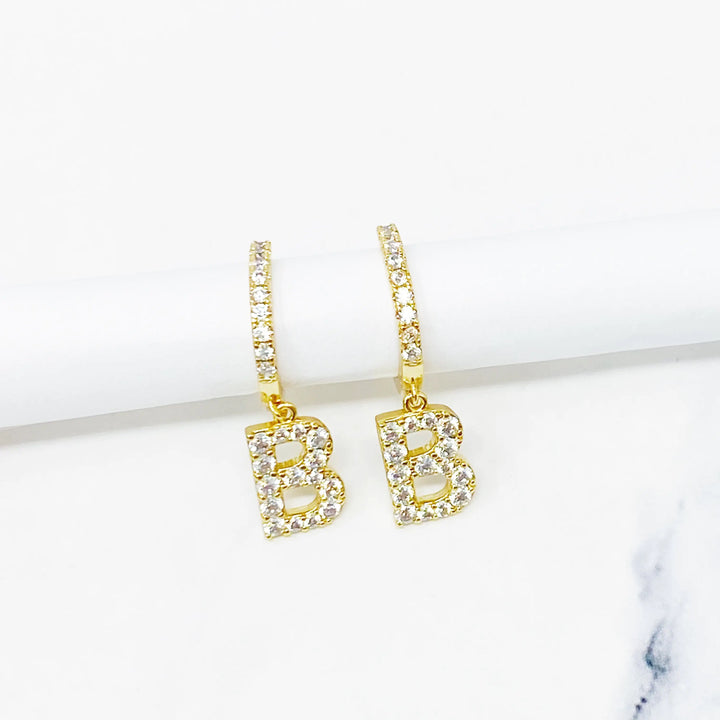 Glittering Letter Charm Hoop Earrings - B