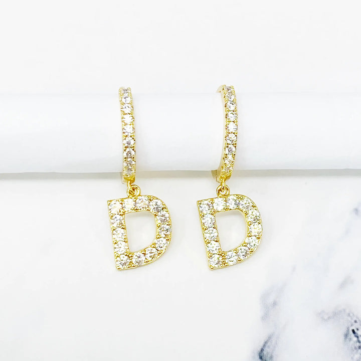 Glittering Letter Charm Hoop Earrings - D