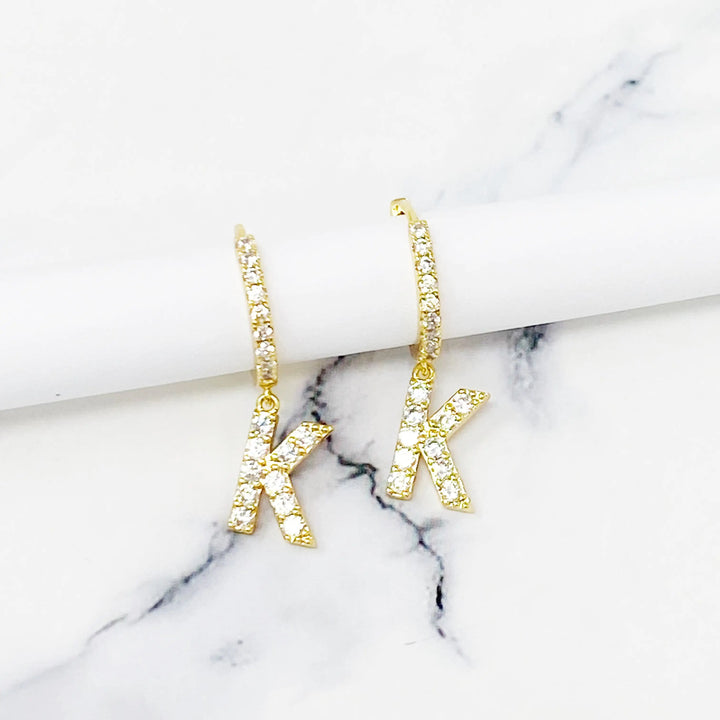 Glittering Letter Charm Hoop Earrings - K