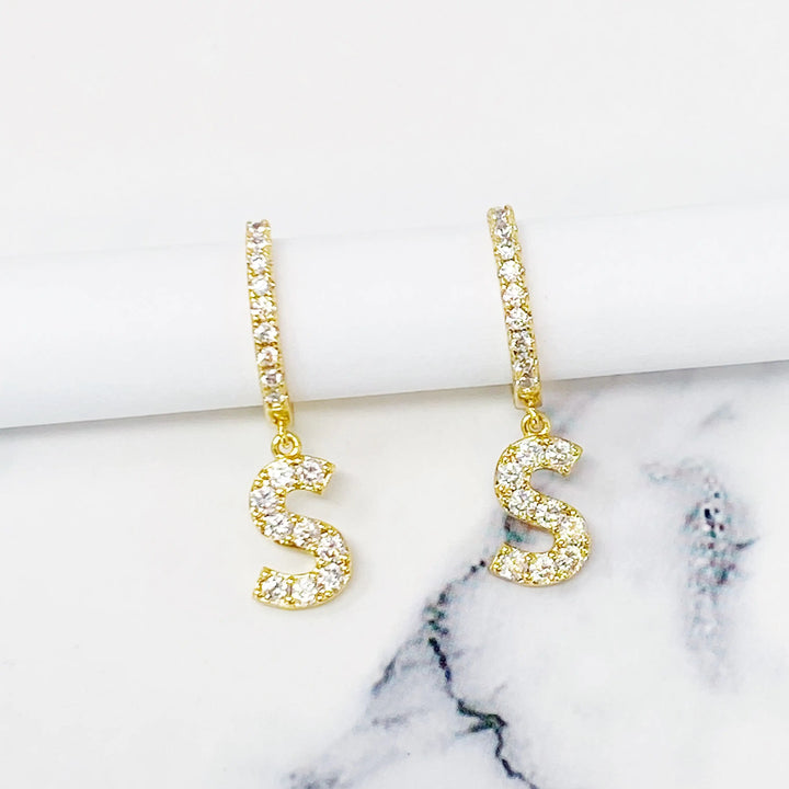 Glittering Letter Charm Hoop Earrings - S