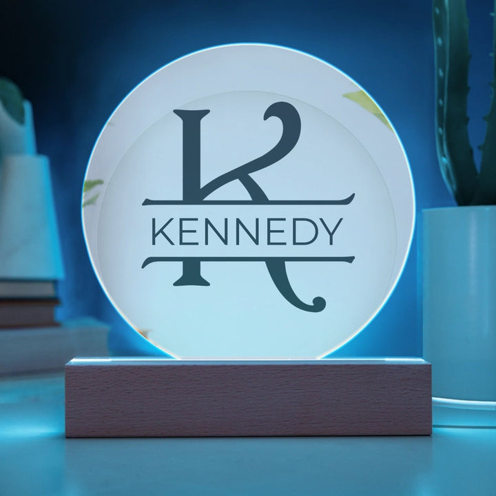 Monogramed Letter Harrington Style - Acrylic LED Illuminated Plaque -USB (Circle) - LED Corded Base - Acrylic Wall Art