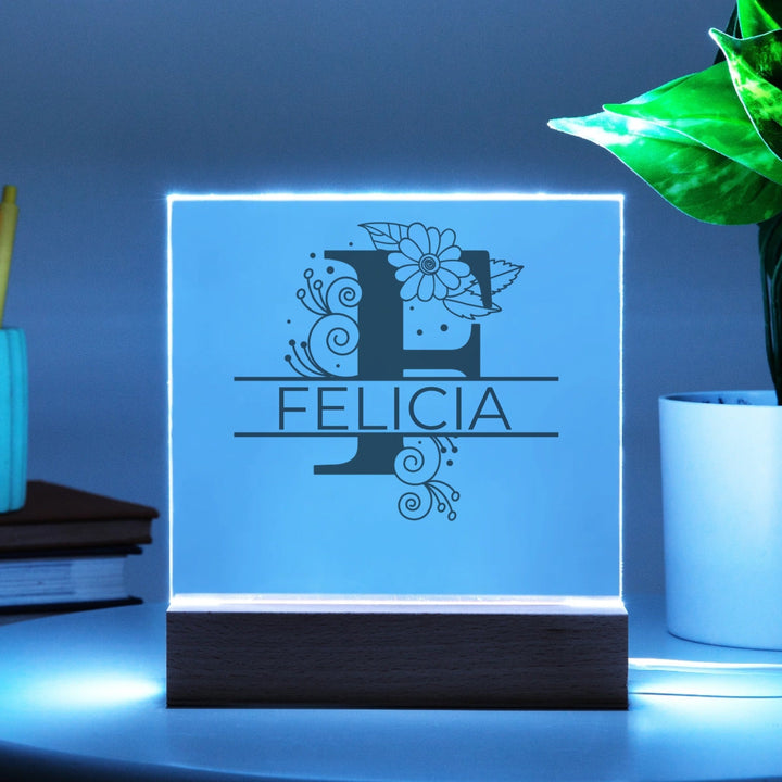 Monogramed Letter Fleur Style - Acrylic LED Illuminated Plaque -USB (Square) - LED Corded Base - Acrylic Wall Art Panels