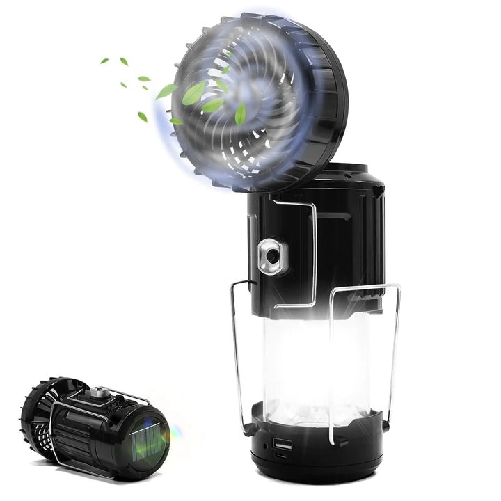 SolarCane 2-in-1 Collapsible Solar Powered Camping Fan w/ Hanging Lantern (Black) - n/a